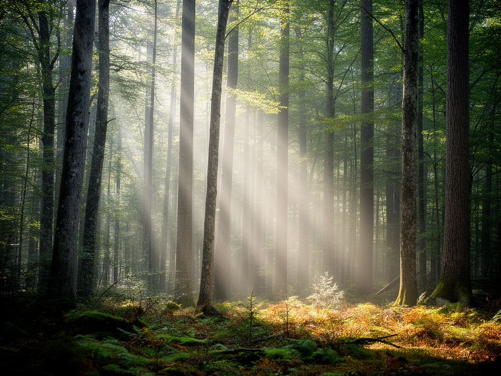 Forêt tempérée au petit matin avec des rayons de lumière filtrant entre les arbres, créant une atmosphère de profondeur et de sérénité naturelle