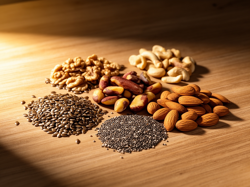 Assortiment de graines et noix — graines de lin, noix du Brésil, graines de chia et amandes — disposés en petites portions sur une table en bois naturel avec une lumière latérale chaleureuse