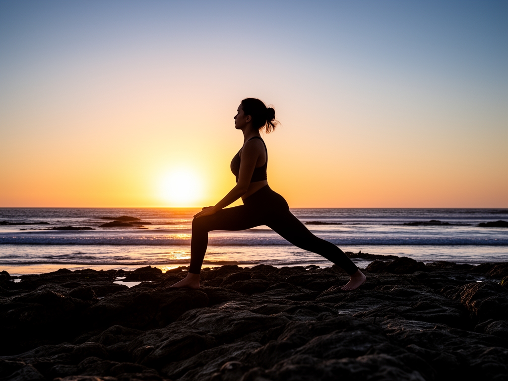 Personne pratiquant le yoga au coucher du soleil sur une plage rocheuse, silhouette en position de l'arbre avec l'océan et le ciel orangé en arrière-plan