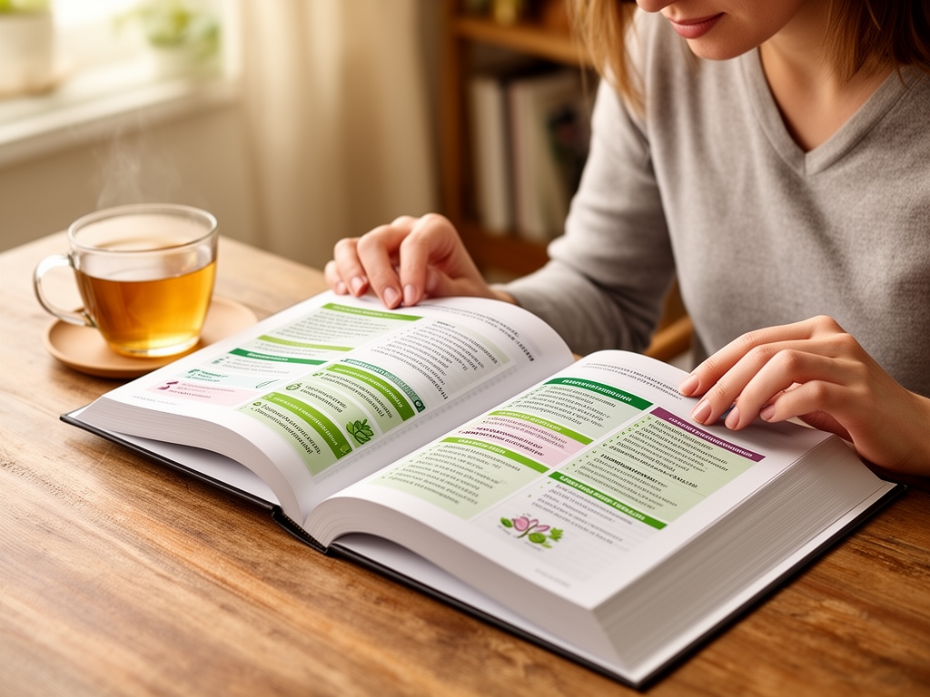 Personne lisant attentivement un livre de nutrition ouvert sur une table en bois, tasse de thé à côté, dans un intérieur chaleureux et lumineux, suggérant la curiosité intellectuelle et l'apprentissage